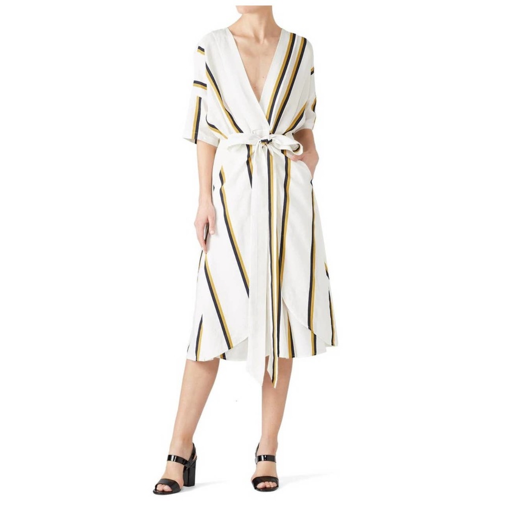 Striped Wrap Midi Dress in White and Yellow
